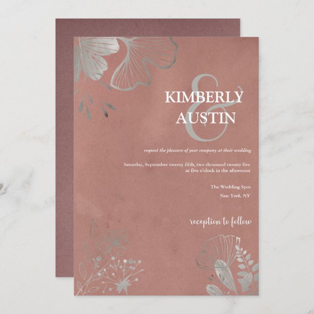 Altrosa | Einladung zur Hochzeit von Silver Floral (Vorne/Hinten)