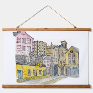 Altstadt Edinburgh Aquarelle Wandteppich Mit Holzrahmen