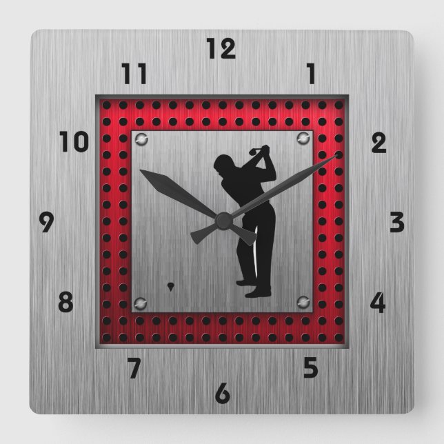 Aluminiumbürste aussehen Golfer Quadratische Wanduhr (Vorderseite)