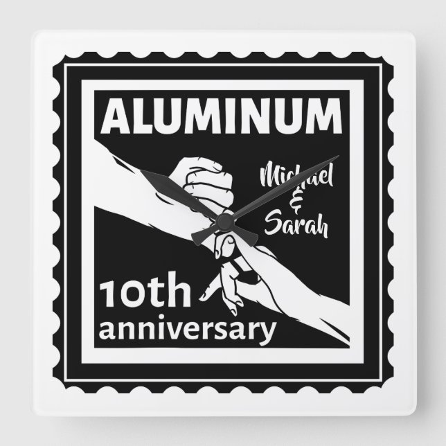 ALUMINUM Traditionelles 10-jähriges Hochzeitsstipe Quadratische Wanduhr (Vorderseite)