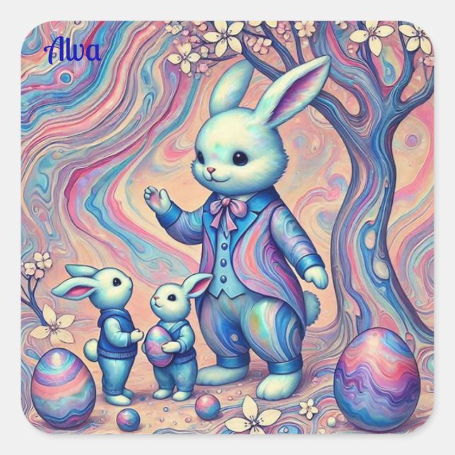 ALVA ~ EASTER BUNNY und seine Kinder ~ Quadratischer Aufkleber (Vorderseite)