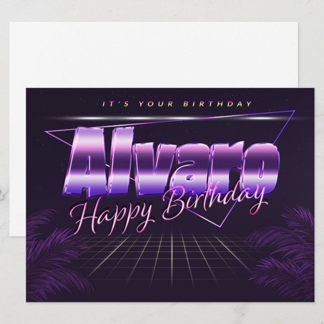 Alvaro Name Vorname lila retro Karte Geburtstag (Vorne/Hinten)