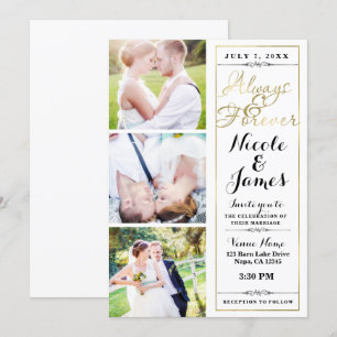 ALWAYS & FOREVER Moderne 3-Foto Weißgold-Hochzeit Einladung