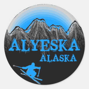 Alyeska Alaska blaue Skifahreraufkleber Runder Aufkleber