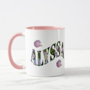 Alyssa, Logo für Namen, hergestellt mit Hydrangeas Tasse