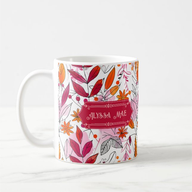 Alyssa Mae Hand Drawn Pink und Orange Foliage Kaffeetasse (Links)