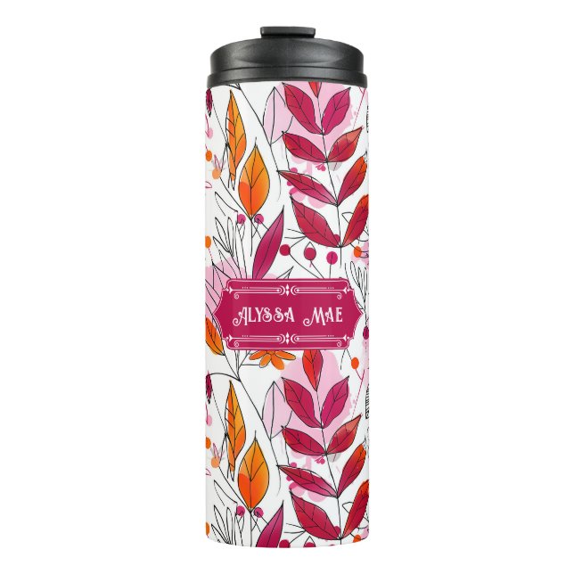 Alyssa Mae Hand Drawn Pink und Orange Foliage Thermosbecher (Vorderseite)