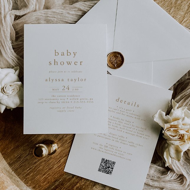 ALYSSA Rustic Gold Boho QR Einfache Babydusche Einladung (ALYSSA Rustic Gold Boho QR Simple Baby Shower Invitation)