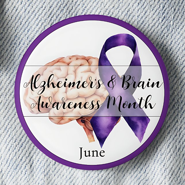 Alzheimer & Brain Awareness Month June Brain Button (Alzheimers and Brain Awareness Month. June. Purple awareness ribbon.)