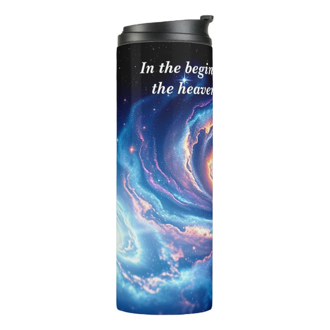 Am Anfang, Gott und Schöpfung Verse Thermosbecher (Nach links gedreht)