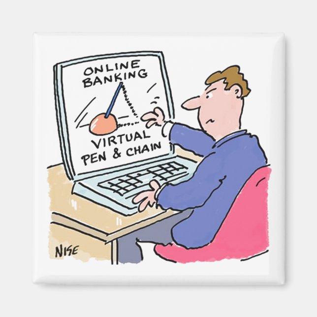 Am Computer Online Banking Funny Cartoon Magnet (Vorne)