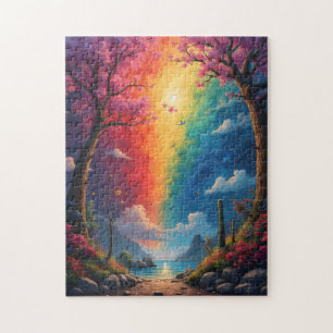 Am Ende des Weges befindet sich eine Regenbogenwel Puzzle