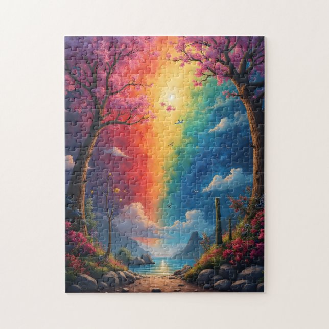 Am Ende des Weges befindet sich eine Regenbogenwel Puzzle (Vertikal)