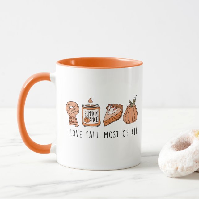 Am meisten fällt die Liebe, Retro Fall Doodle Tasse (Mit Donut)