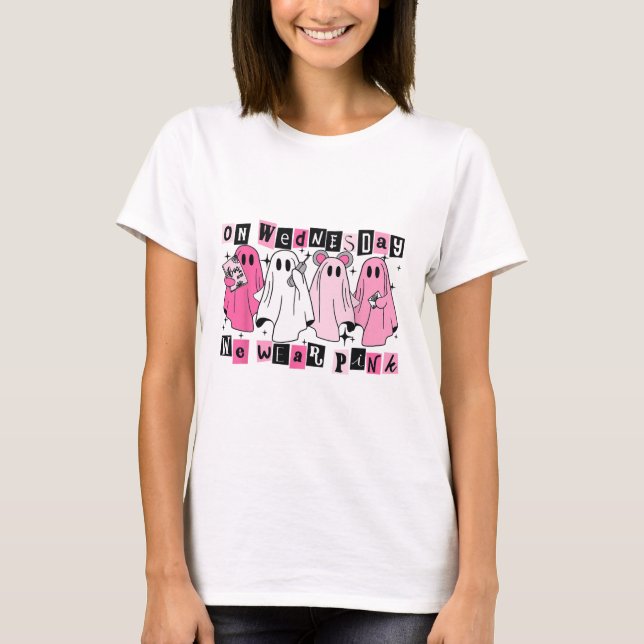 Am Mittwoch tragen wir Niedliches Pink Ghost Hallo T-Shirt (Vorderseite)