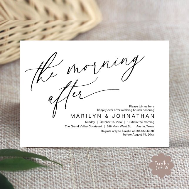 Am Nachmittag, glücklicherweise immer nach dem Bru Einladung (The Morning After Modern Romantic Post Wedding Elopement Brunch Invitation Card PDF in White Black)