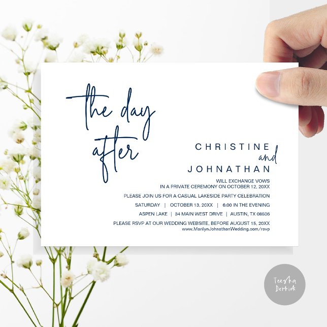 Am Tag danach, Post Hochzeitstag Elopement Party,  Einladung (The Day After, Modern Post Wedding Party Invitation Card, PDF, in Navy blue)