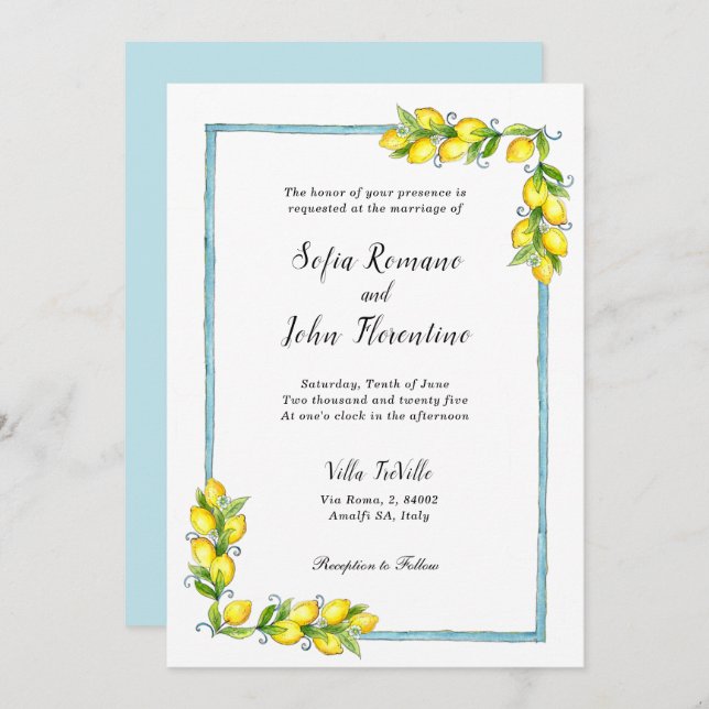 Amalfi Aquarell Lemons Vintage Hochzeit Ankündigung (Vorne/Hinten)