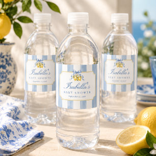 Amalfi Blau Weiße Streifen Chic Zitronen-Baby-Part Wasserflaschenetikett
