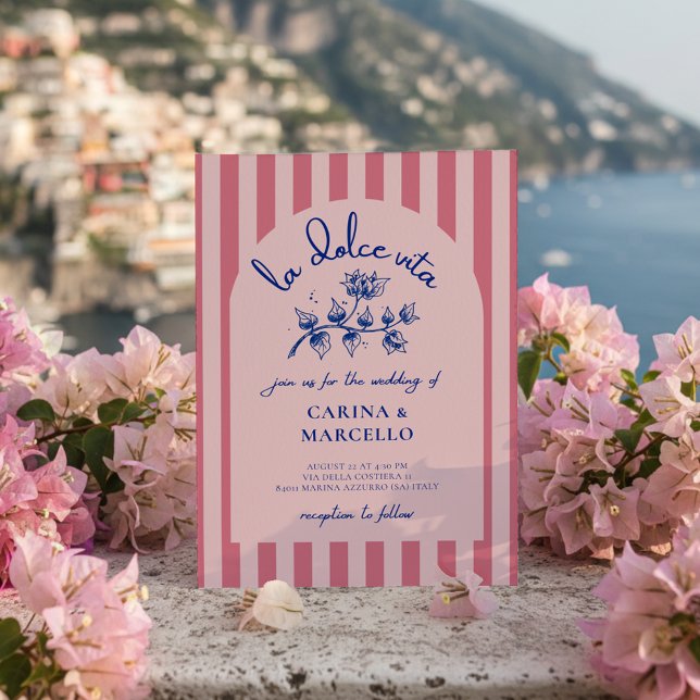 Amalfi Coast Amore Bougainvillea Stripe Wedding Einladung (Von Creator hochgeladen)
