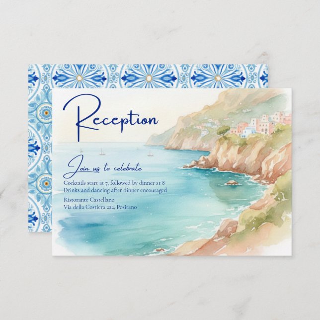 Amalfi Coast Amore | Italy Sea Wedding Reception Begleitkarte (Vorne/Hinten)
