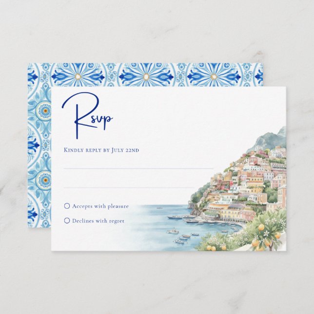 Amalfi Coast Amore | Watercolor Seaside Wedding RSVP Karte (Vorne/Hinten)