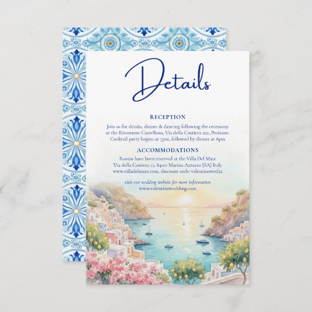 Amalfi Coast Amore Watercolor Wedding Details  Begleitkarte (Vorne/Hinten)