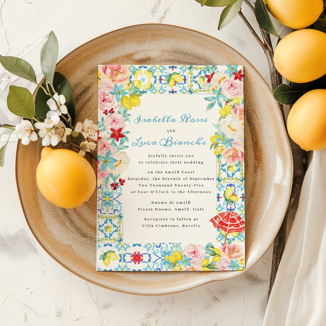Amalfi Coast Blue Fliesen Italienische Hochzeit Einladung (Von Creator hochgeladen)