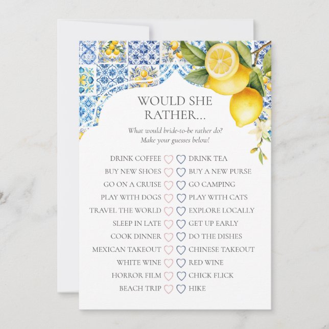 Amalfi Coast Bridal Shower Would She Rather Game Einladung (Vorderseite)