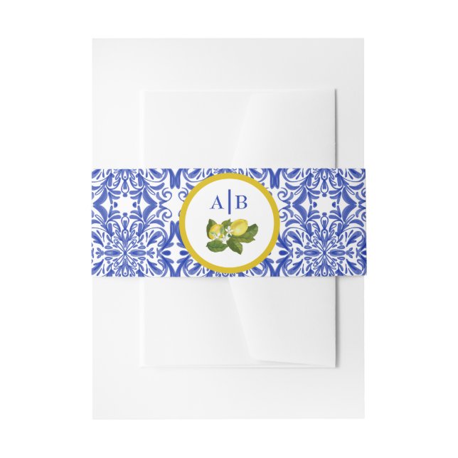 Amalfi Coast I Italian Lemon & Blue Tile Mongram Einladungsbanderole (Vorderseite Beispiel)