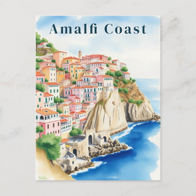 Amalfi Coast Italy Watercolor Cliffside Town Postkarte (Vorderseite)