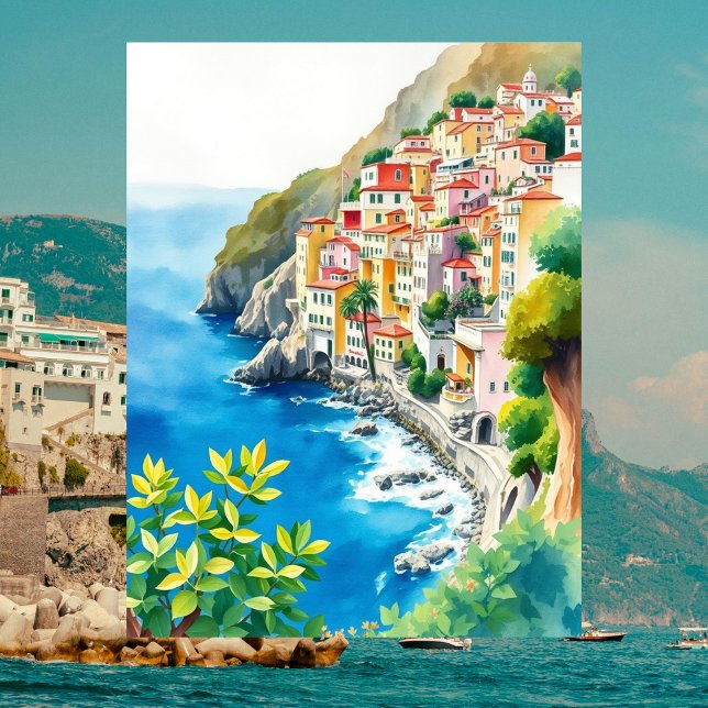 Amalfi Coast Italy Watercolor Italian Coastal Postkarte (Von Creator hochgeladen)