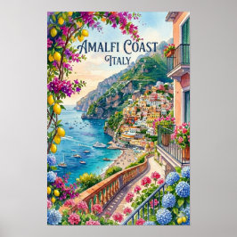 Amalfi Coast Italy Watercolor Travel Tropical Poster