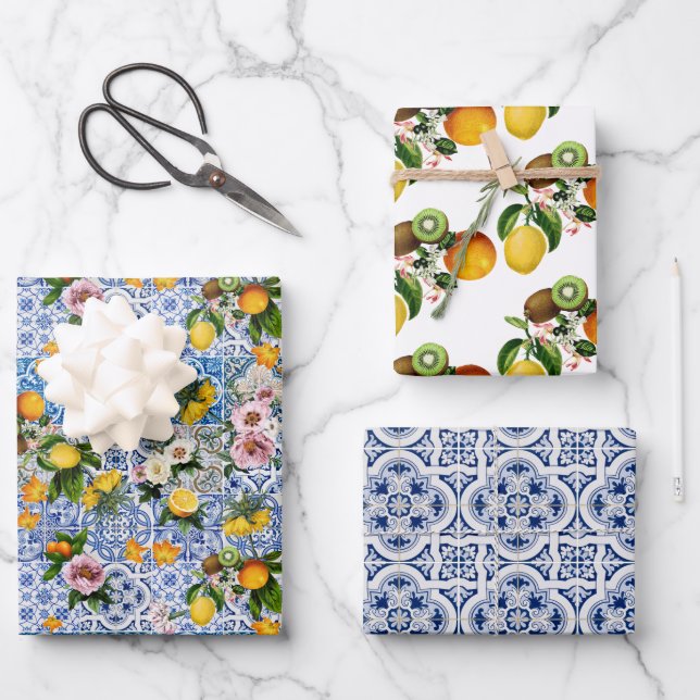 Amalfi Coast Lemon Bouquet Tiles Italien Geschenkpapier Set (Vorderseite)