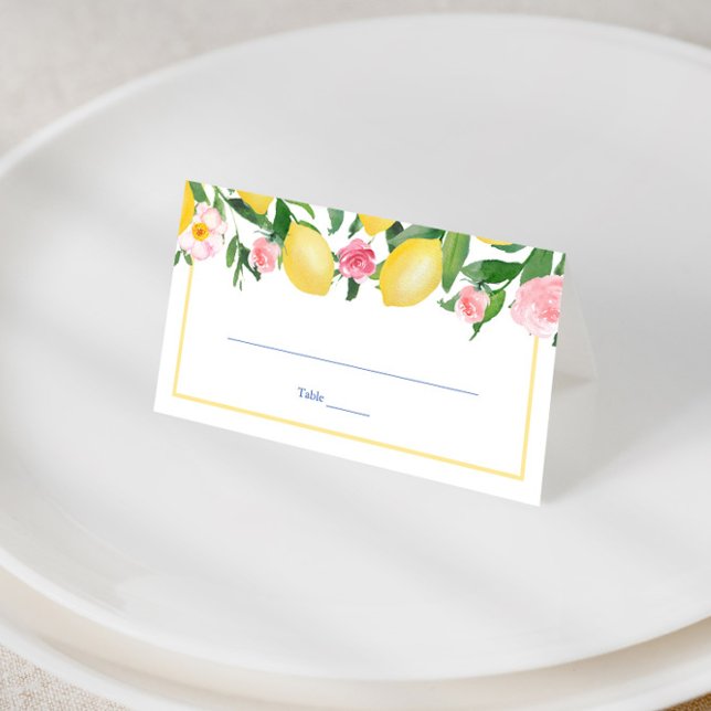 Amalfi Coast Lemons Rosa Blume Hochzeitsfeier Platzkarte (lemons with pretty pink flowers and mediterranean tiles wedding shower place cards)