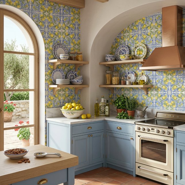 Amalfi Coast Mediterranean Blue Tile Lemon Pattern Tapete (Amalfi Coast Mediterranean Blue Tile Lemon Pattern Wallpaper )