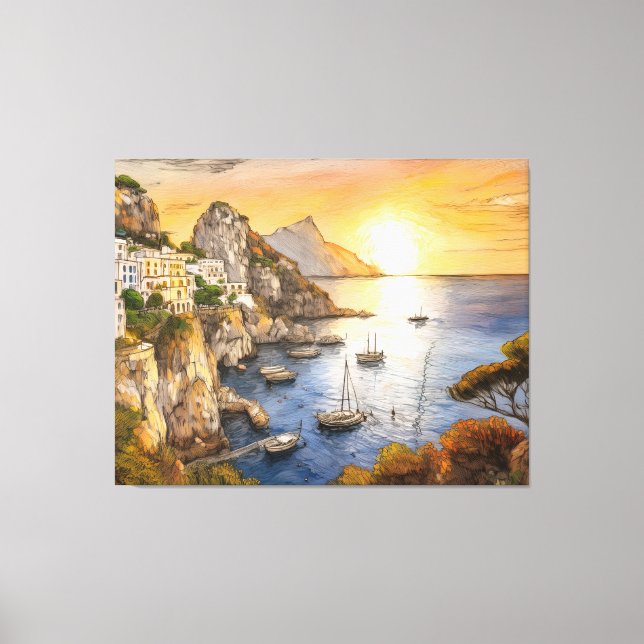 Amalfi coast sunset illustrating coastal village a leinwanddruck (Vorderseite)