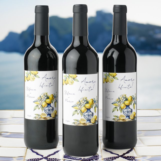 Amalfi - Hochzeit der Zitronen Weinetikett (Amalfi Italian blue tiles lemons wedding personalized printed Wine Label blue ceramic vase tableware)