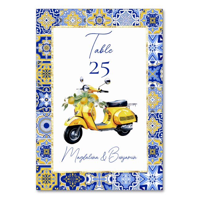 Amalfi Italian Blue Tile Scooter Lemons Wedding Tischnummer (Vorderseite)