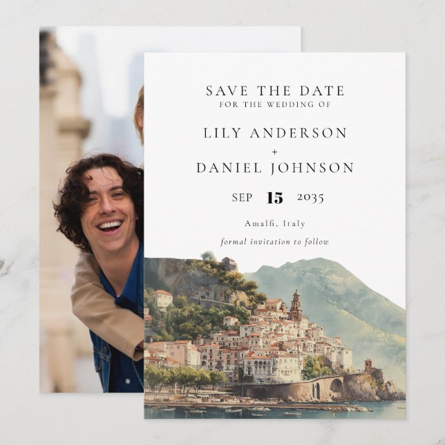 Amalfi Italian Watercolor Photo Wedding Save The Date (Vorne/Hinten)
