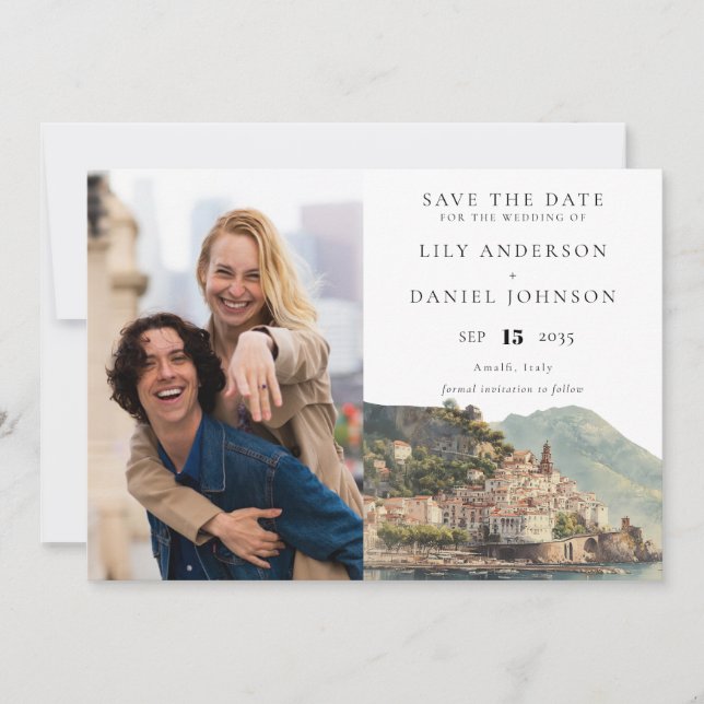 Amalfi Italian Watercolor Photo Wedding Save The Date (Vorderseite)