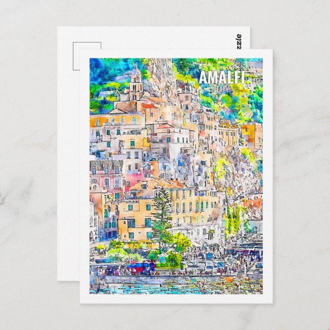 Amalfi Italien Berühmte Wasserfarbenskizze Postkarte (Vorne/Hinten)