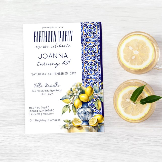 Amalfi Italienisch blaue Fliesen Zitronen Geburtst Einladung (Italian themed blue tiles and lemons birthday party editable template invitation instant download)