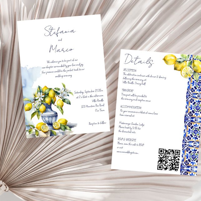 Amalfi Italienisch blaue Zitronen alle in einer Ho Einladung (Amalfi Italian blue tiles lemons all in one wedding Invitation template instant download)