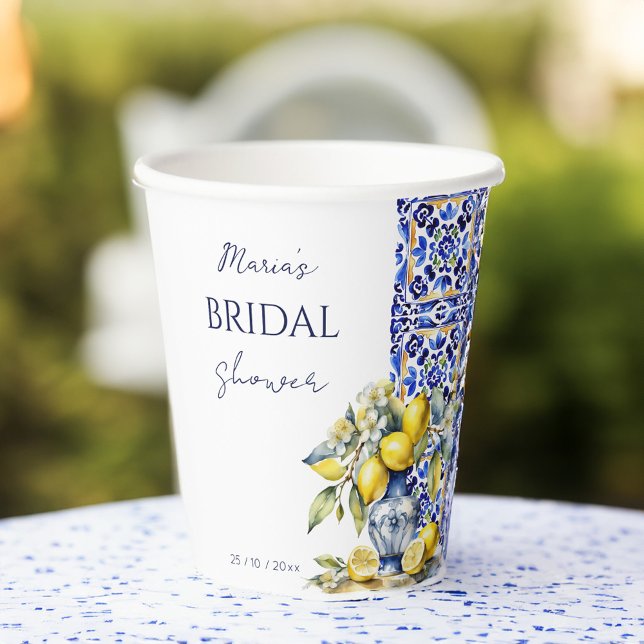 Amalfi Italienische Blaue Fliesen Zitronen Bridal- Pappbecher (Amalfi Vietri Italian blue tiles lemons bridal template Paper Cups personalized tableware summer)