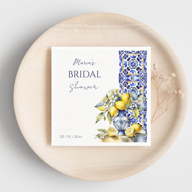 Amalfi Italienische Blaue Fliesen Zitronen Bridal- Serviette (Amalfi Italian Vietri blue tiles lemons bridal shower template Napkins personalized tableware decor)