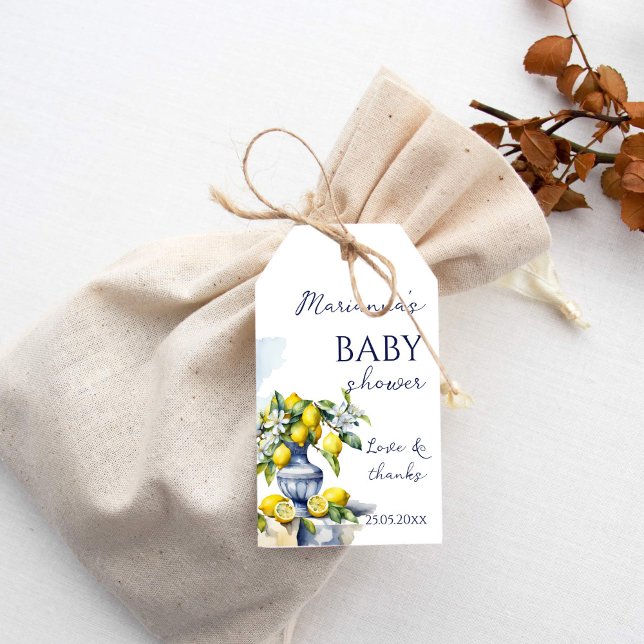 Amalfi Italienische blaue Vase Zitrone Babydusche  Geschenkanhänger (Amalfi Italian lemon citrus baby shower thank you favor Gift Tags blue vase with lemons elegant)