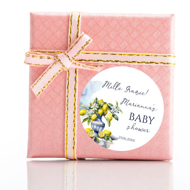 Amalfi Italienische blaue Vase Zitrone Babydusche  Runder Aufkleber (Amalfi Italian vintage ceramic blue vase lemon baby shower thank you favor Classic Round Sticker)