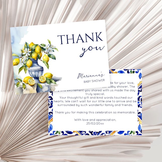 Amalfi Italienische blaue Vase Zitronen Babydusche Dankeskarte (Amalfi Italian blue ceramics vase lemons citrus summer gender neutral baby shower Thank You Card)