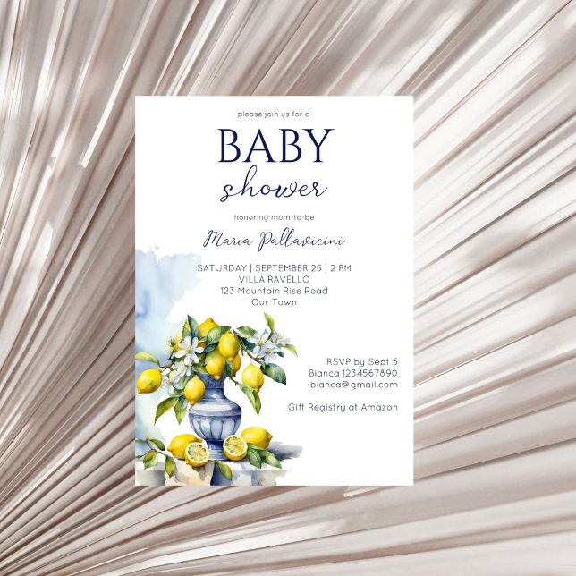 Amalfi Italienische blaue Vase Zitronen Babydusche Einladung (Amalfi Italian blue vase lemons summer baby shower Invitation editable template instant download )
